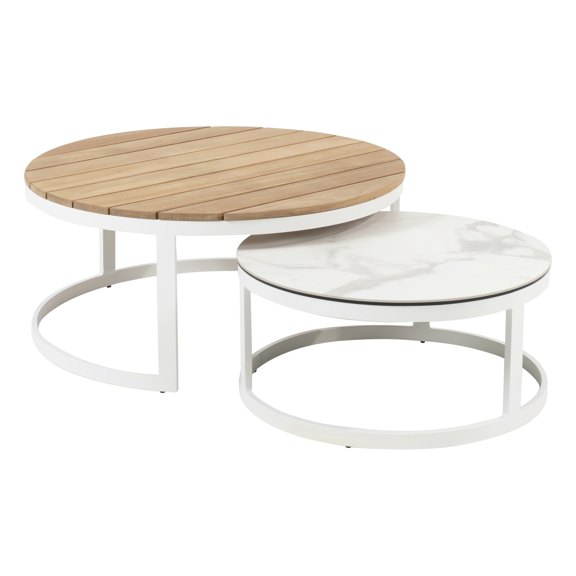 Stonic Set of 2 Coffee Tables Ø80cm and 60cm with teak/ceramic White