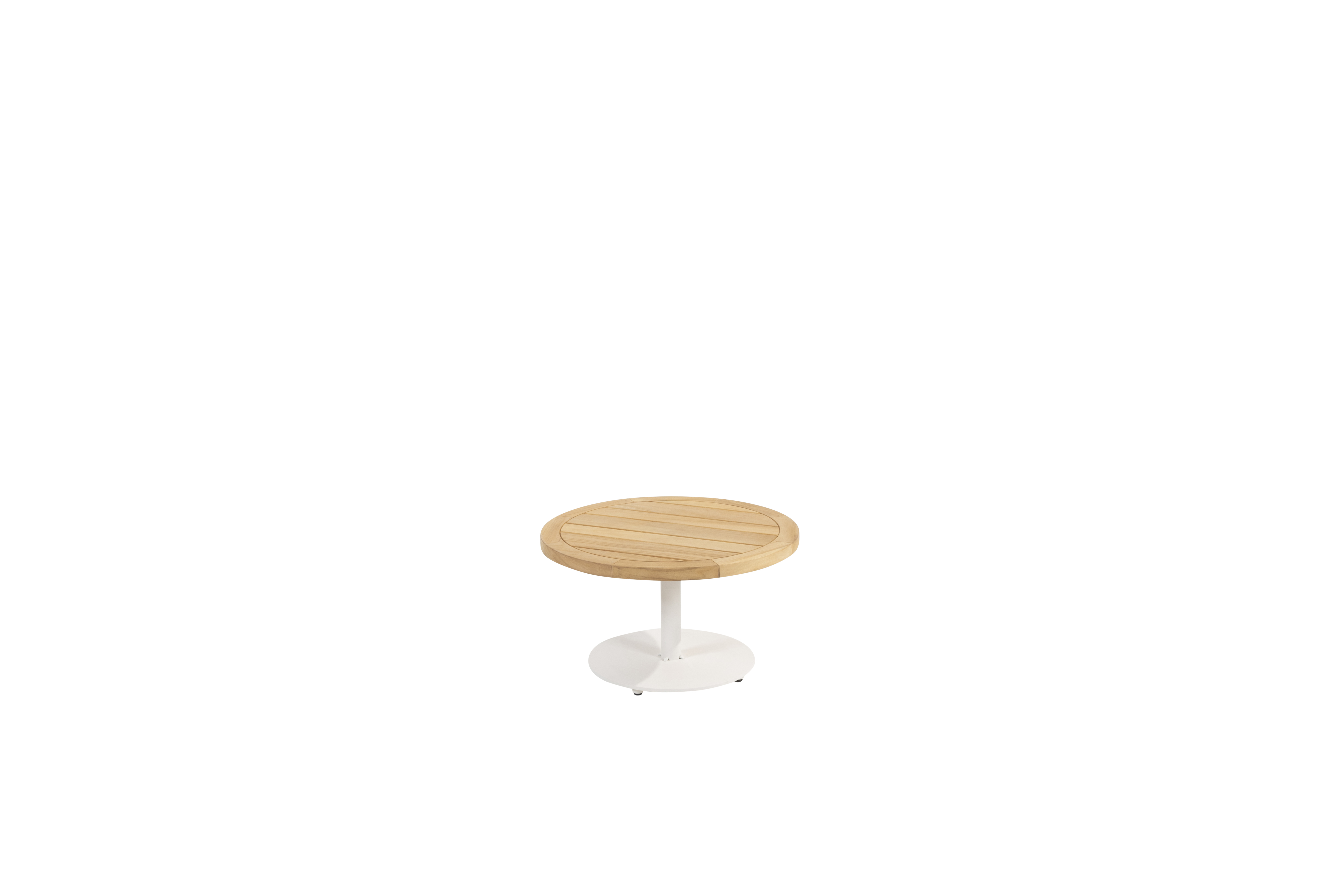 Volta natural teak coffee table central leg white R60xH35