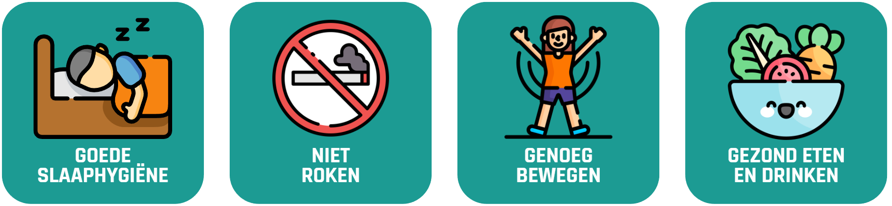 Tips om voor je algemene gezondheid te zorgen: goede slaaphygiëne, niet roken, genoeg bewegen, gezond eten en drinken