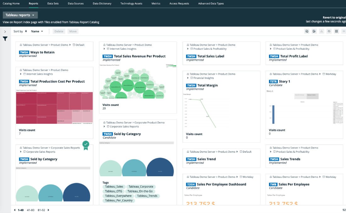 An overview of Tableau dashboards, visible immediately in Collibra.